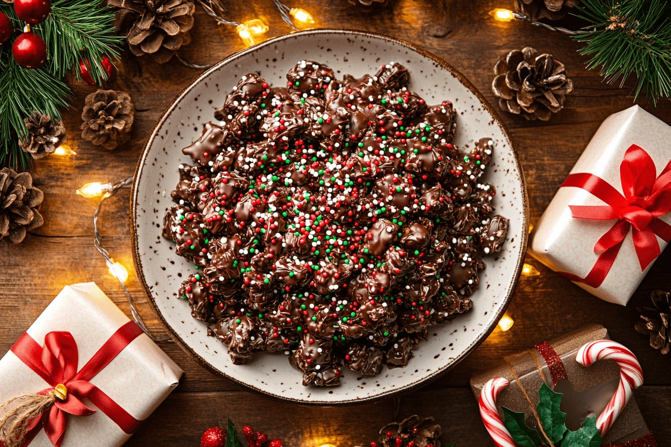 A festive plate of Crockpot Christmas Crack surrounded by Christmas decorations, candy canes, and holiday lights.