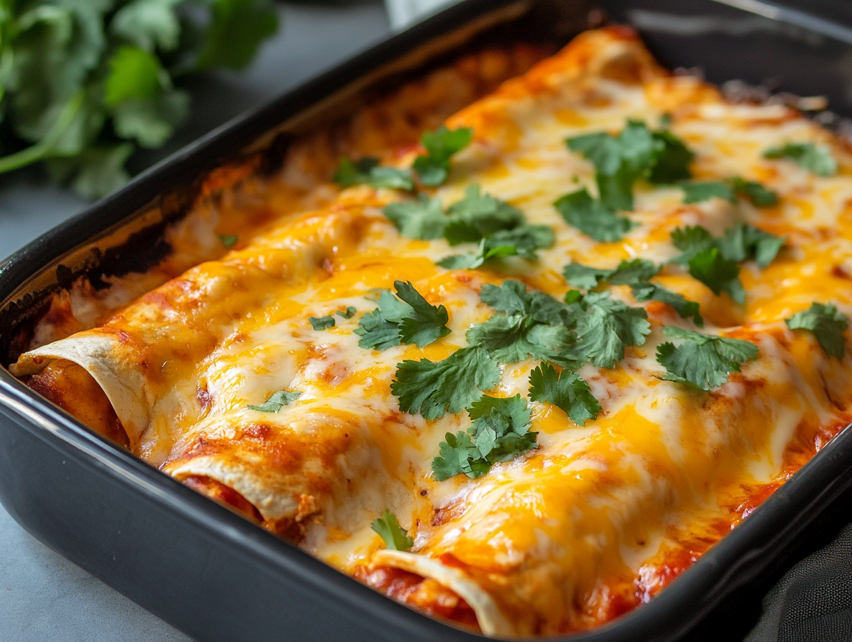 A dish of cheesy chicken enchiladas fresh from the oven, garnished with cilantro.