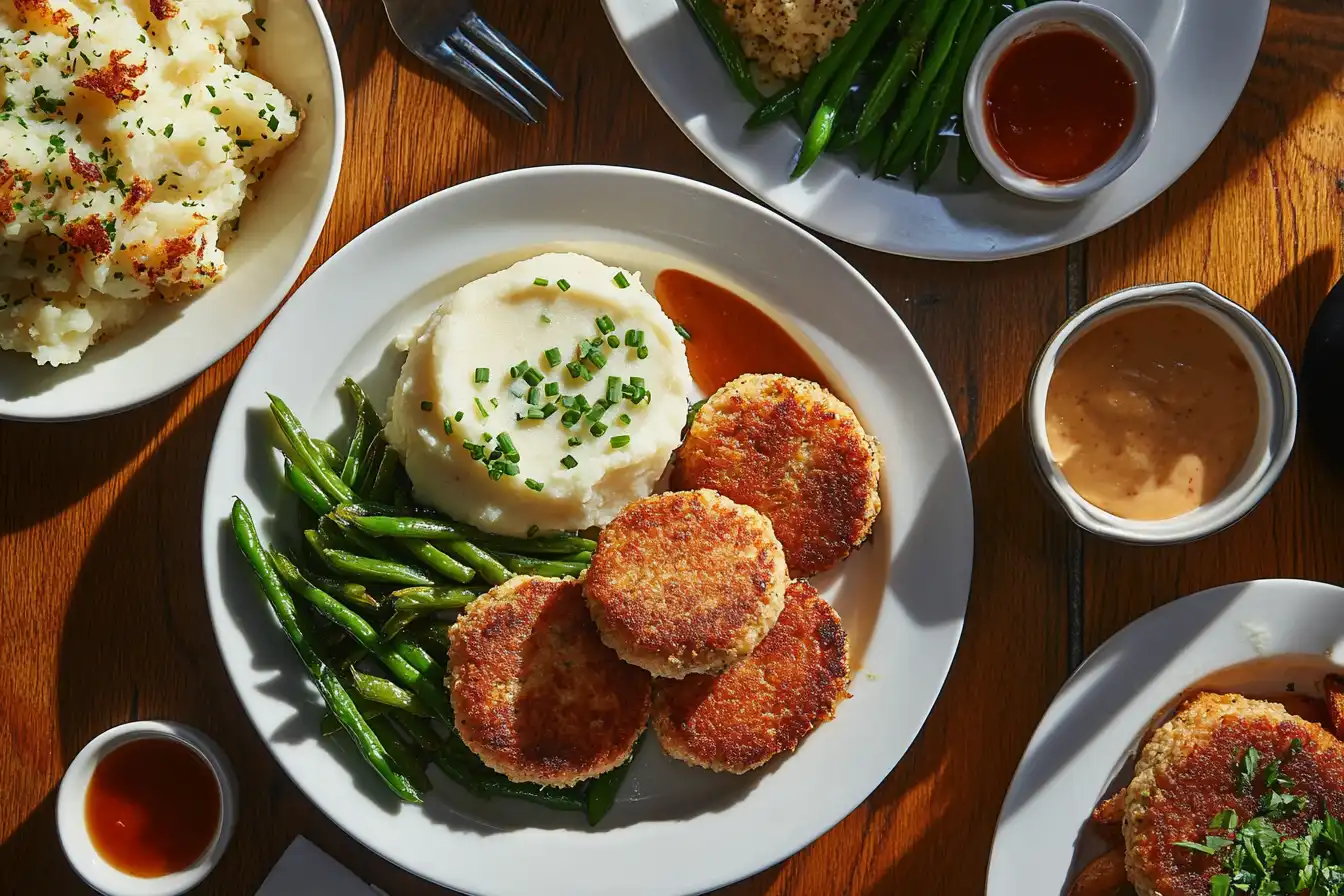 A dinner table showcasing salmon patties and salmon croquettes with side dishes.