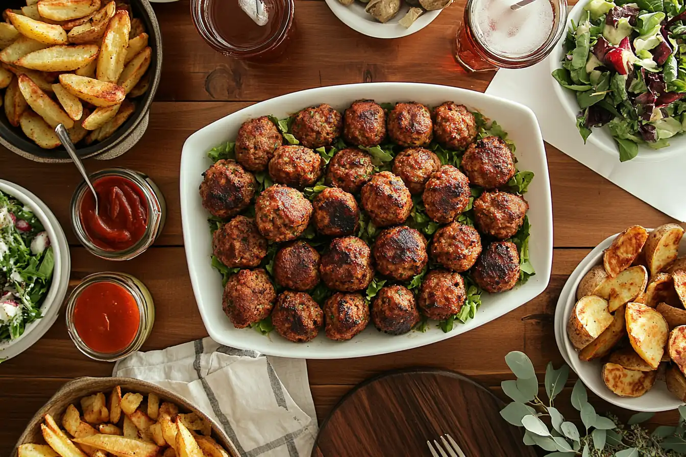 A party table with meatball sliders, sides, and sauces.