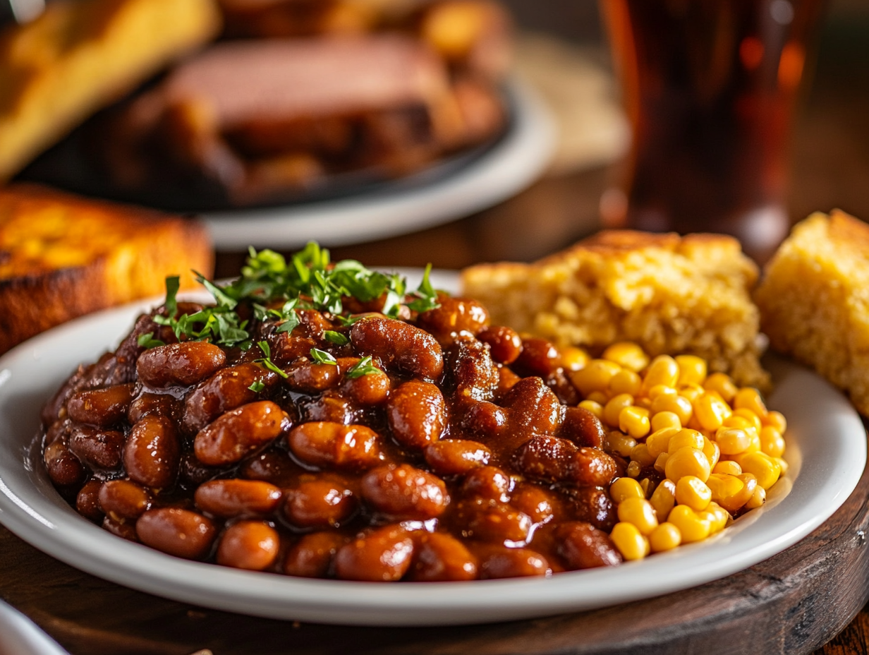 A plate of cowboy beans served with cornbread and grilled meats at a barbecue