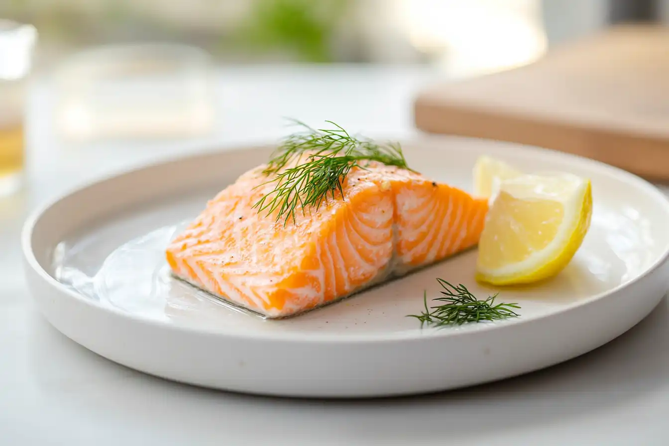 A golden salmon patty garnished with dill and lemon on a plate.
