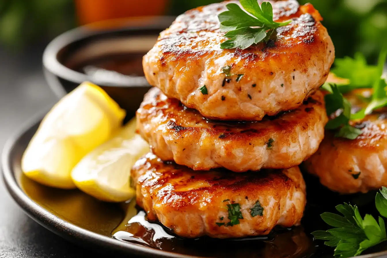 Golden-brown salmon patties served on a plate with fresh herbs and lemon wedges.