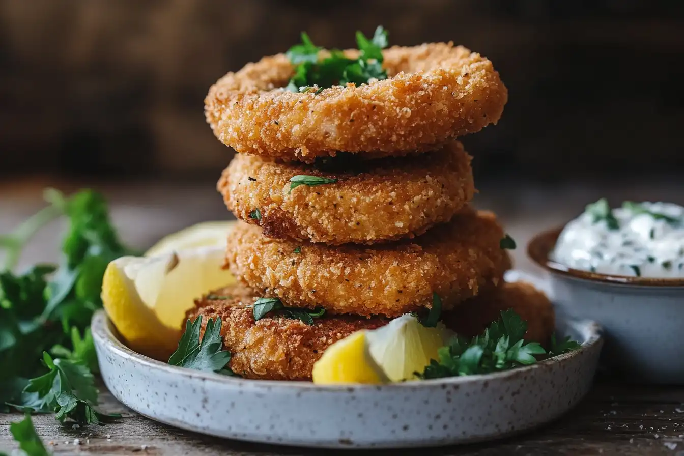Golden, crispy salmon patties stacked on a plate, garnished with parsley and lemon wedges.