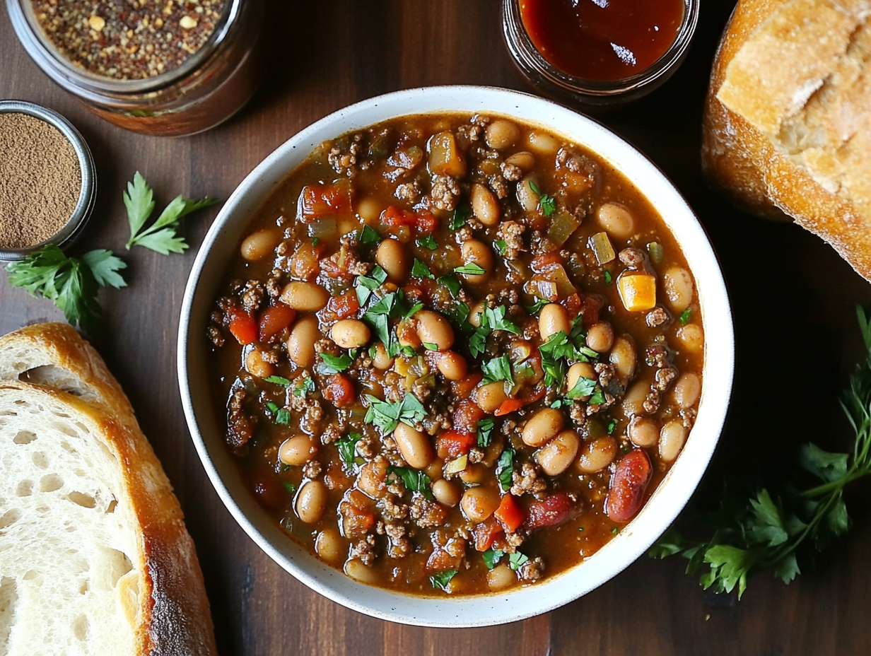 A vibrant bowl of calico beans garnished with parsley, surrounded by complementary ingredients.