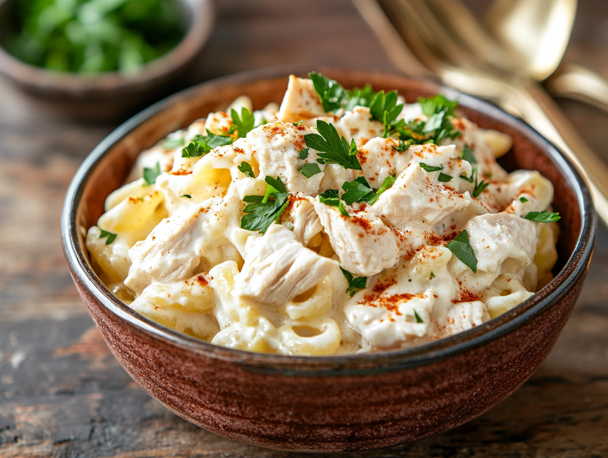 A creamy chicken pasta dish made with leftover rotisserie chicken.