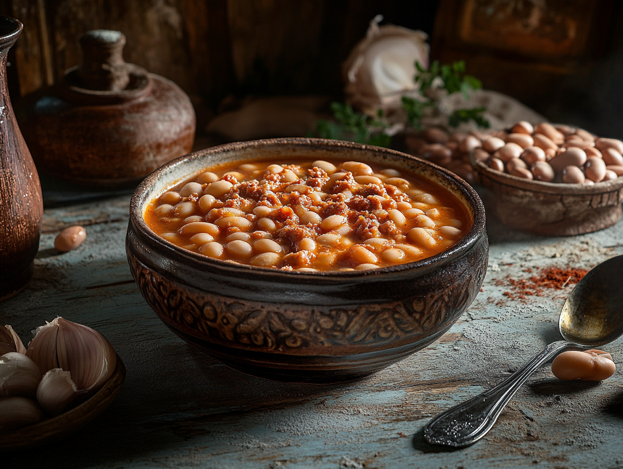 A bowl of calico beans surrounded by fresh ingredients.