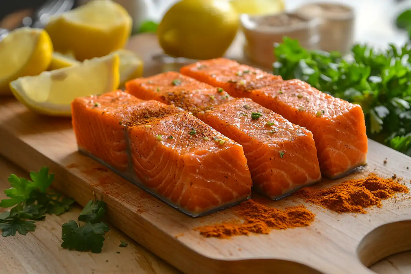 Fresh salmon fillets with lemon and parsley on a wooden cutting board.