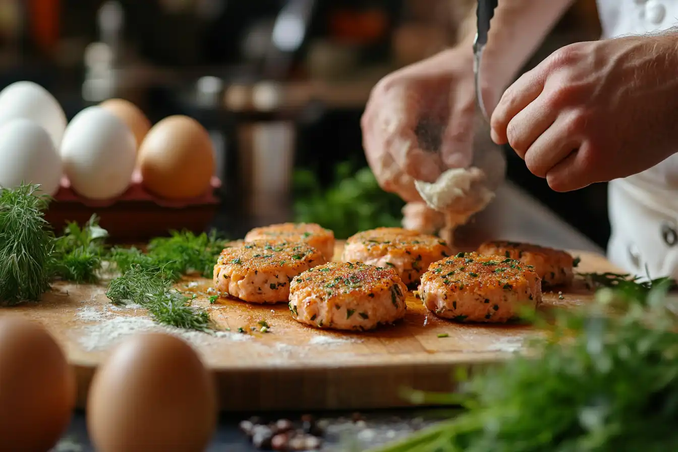 Chef shaping salmon patties with fresh ingredients on a wooden cutting board.