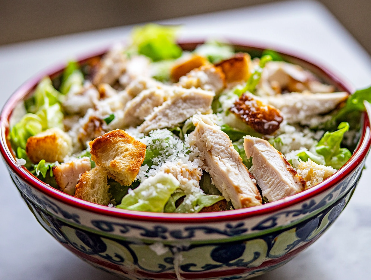 A bowl of chicken Caesar salad made with fresh lettuce, chicken, and Parmesan cheese.