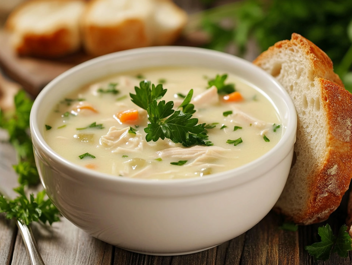  A bowl of creamy chicken soup garnished with parsley and served with bread.