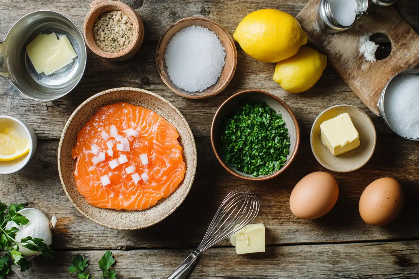 Ingredients for making old-fashioned salmon patties, including canned salmon, eggs, breadcrumbs, and seasonings.