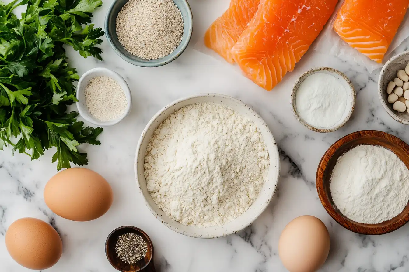 Gluten-free ingredients like almond flour and canned salmon laid out on a countertop