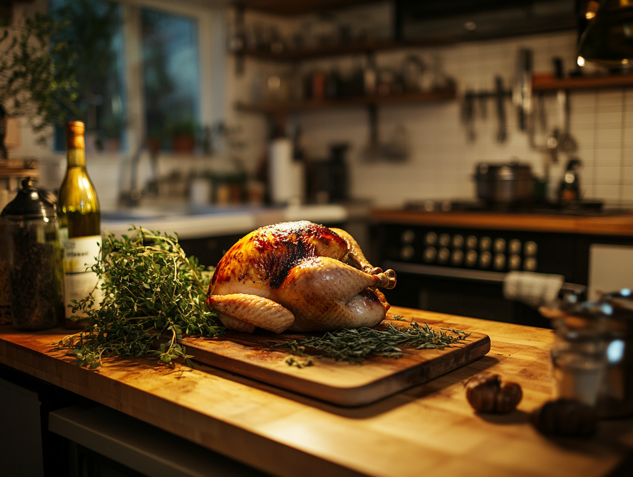 Fresh rotisserie chicken on a cutting board with herbs and spices.