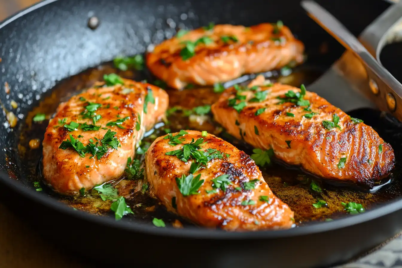 Salmon patties being pan-fried to a golden-brown finish.
