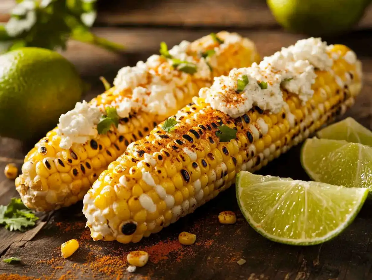 A grilled corn cob (elote) topped with mayonnaise, cheese, and chili powder, served with lime wedges on a rustic wooden table.