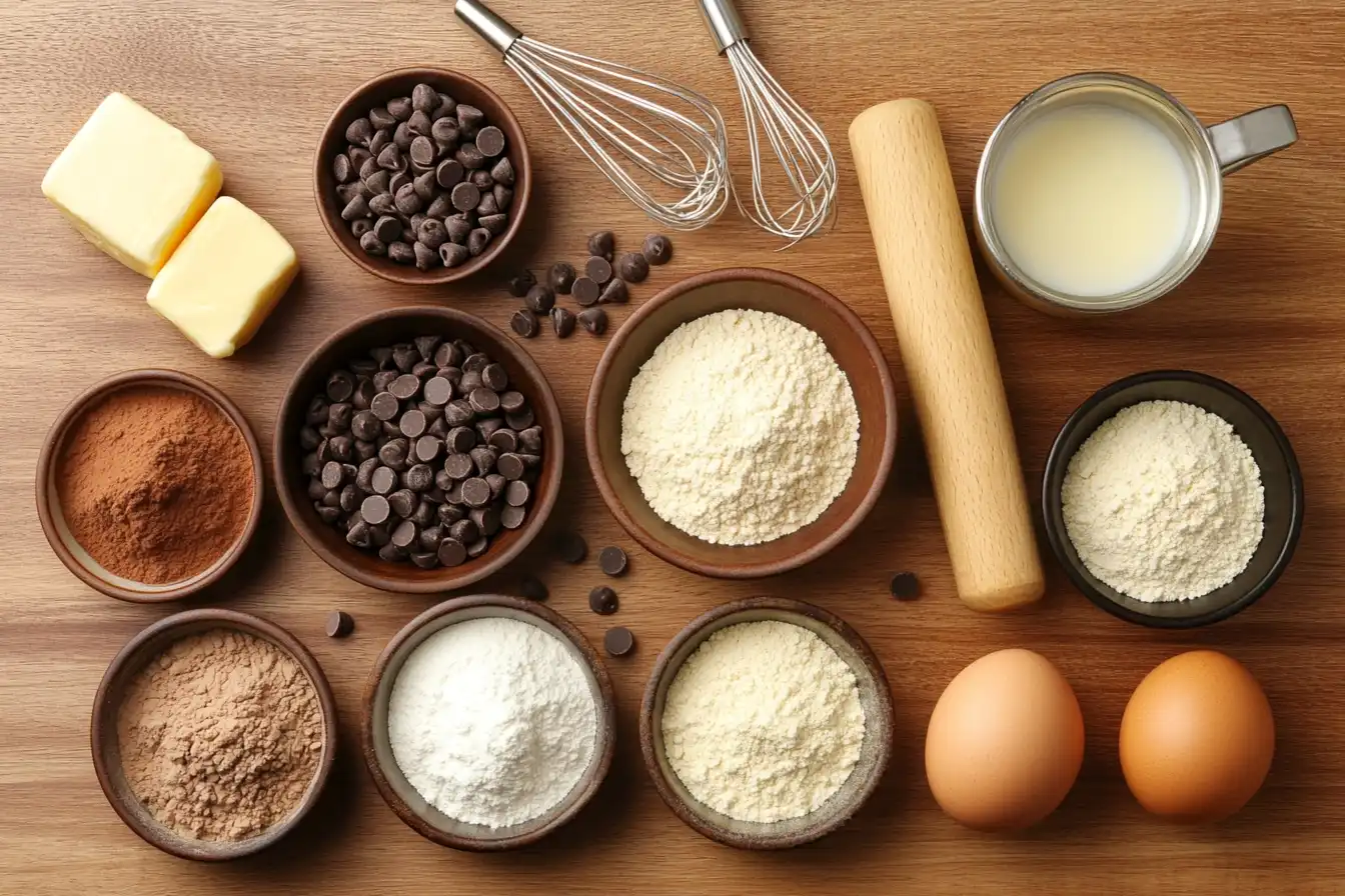 An overhead view of brookie ingredients neatly organized on a wooden countertop.