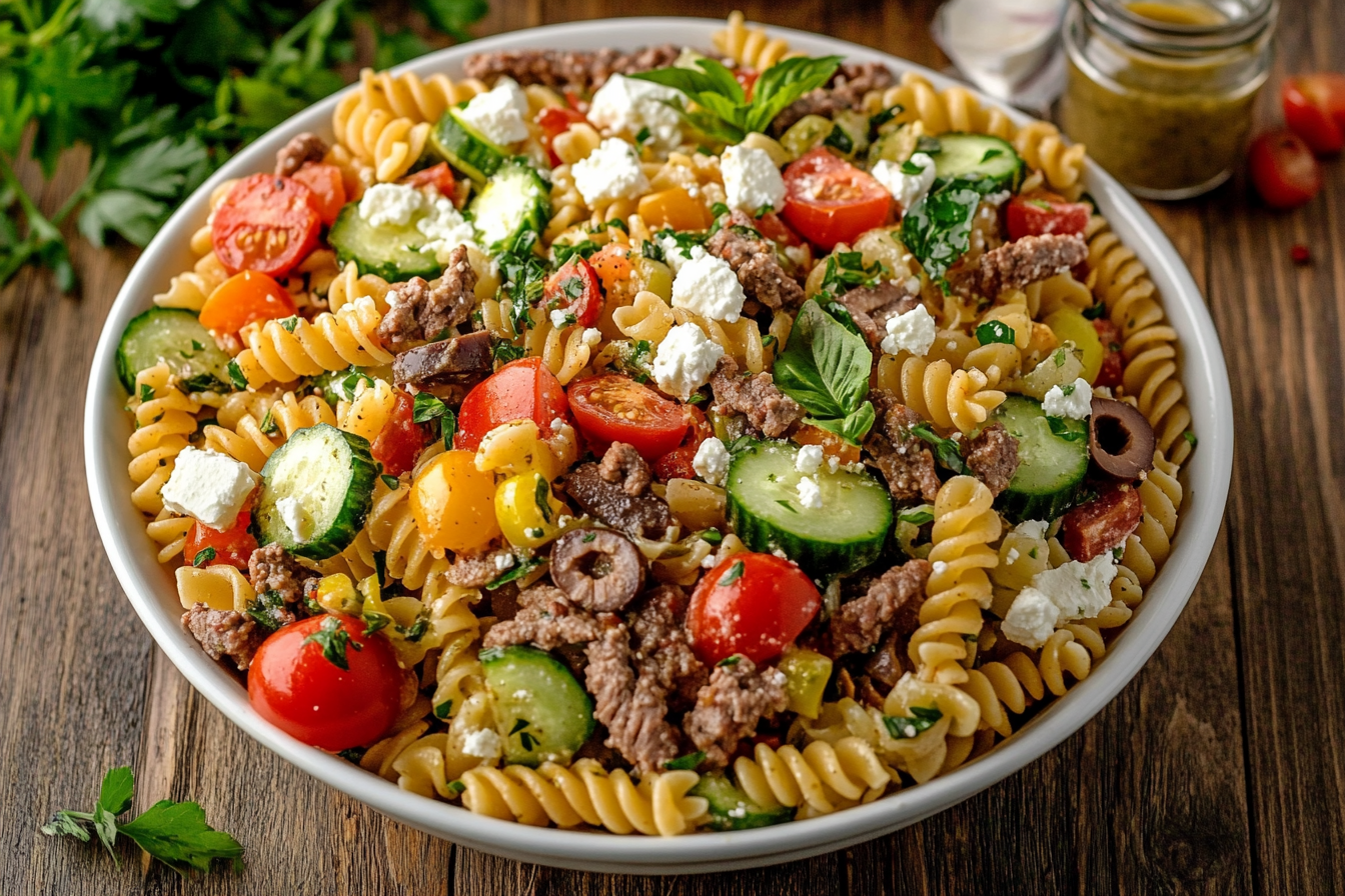 A vibrant pasta salad in a white bowl with fresh ingredients and dressing.