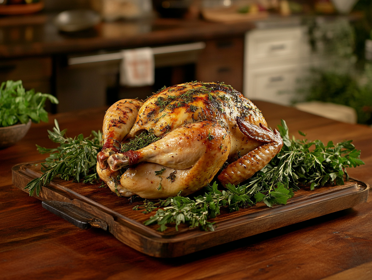 A roasted rotisserie chicken on a wooden platter, garnished with fresh herbs.