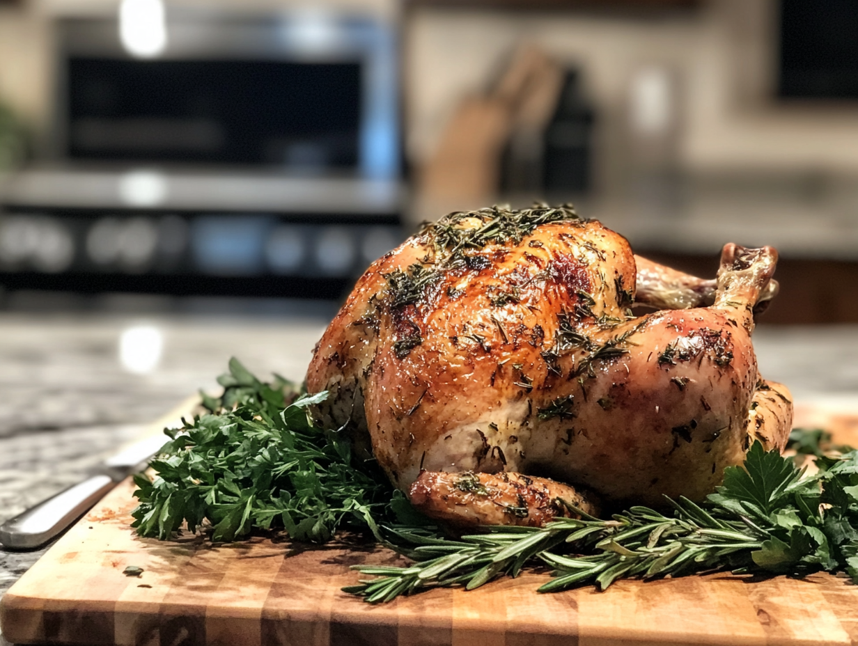 A whole roasted rotisserie chicken surrounded by fresh herbs on a cutting board.