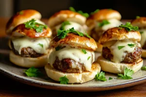 Juicy meatball sliders with melted cheese and marinara sauce on a plate.