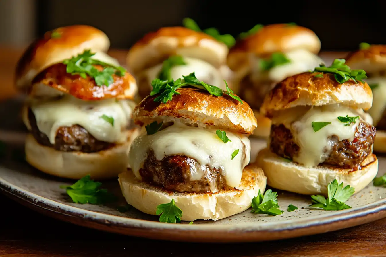 Juicy meatball sliders with melted cheese and marinara sauce on a plate.
