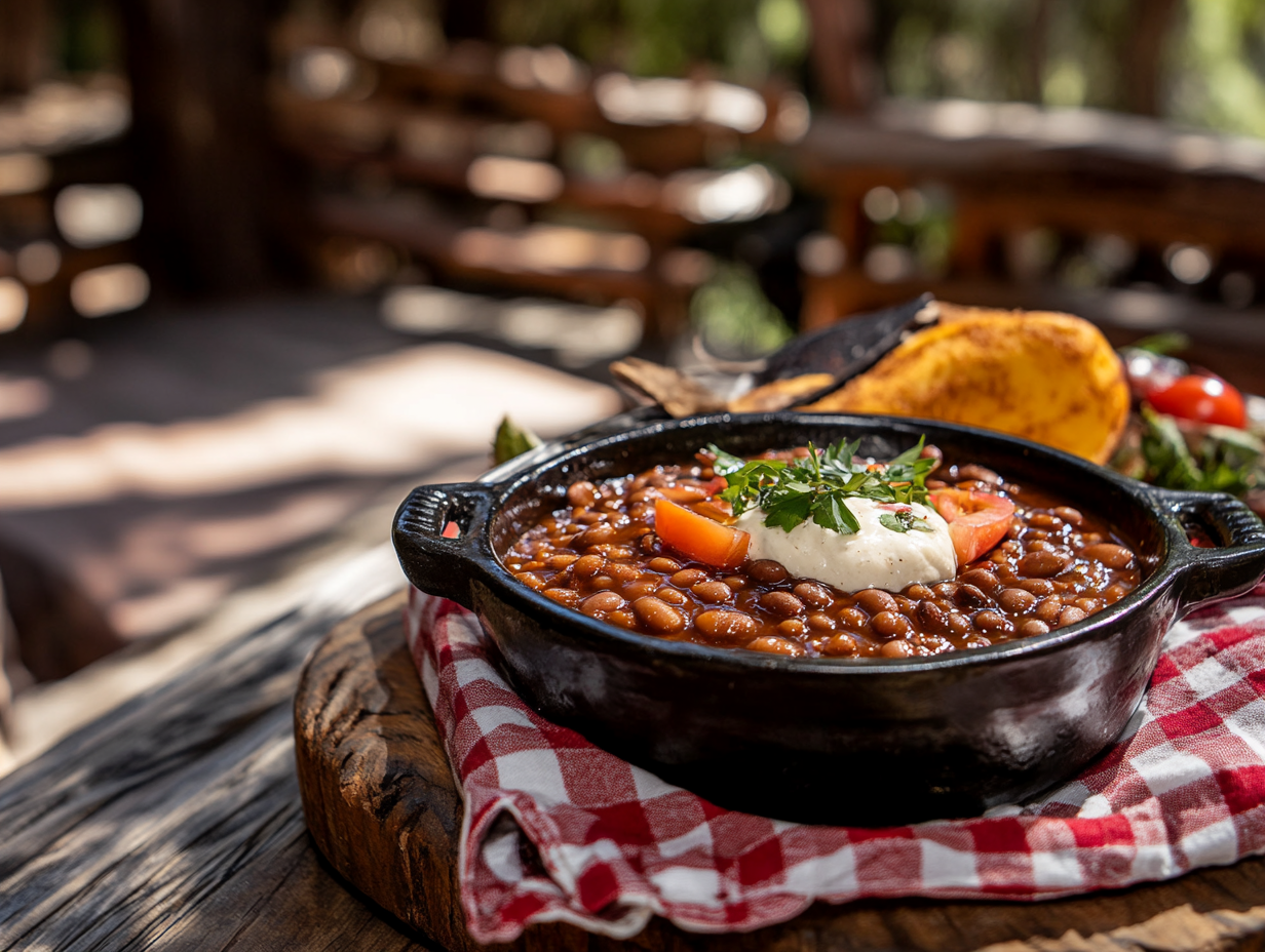 A bowl of cowboy beans with a rich, smoky sauce served in a rustic setting.