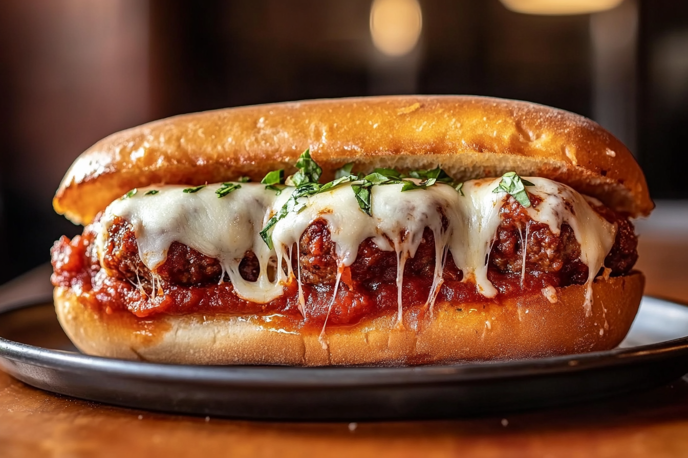 Melting mozzarella cheese on a meatball sub under a broiler
