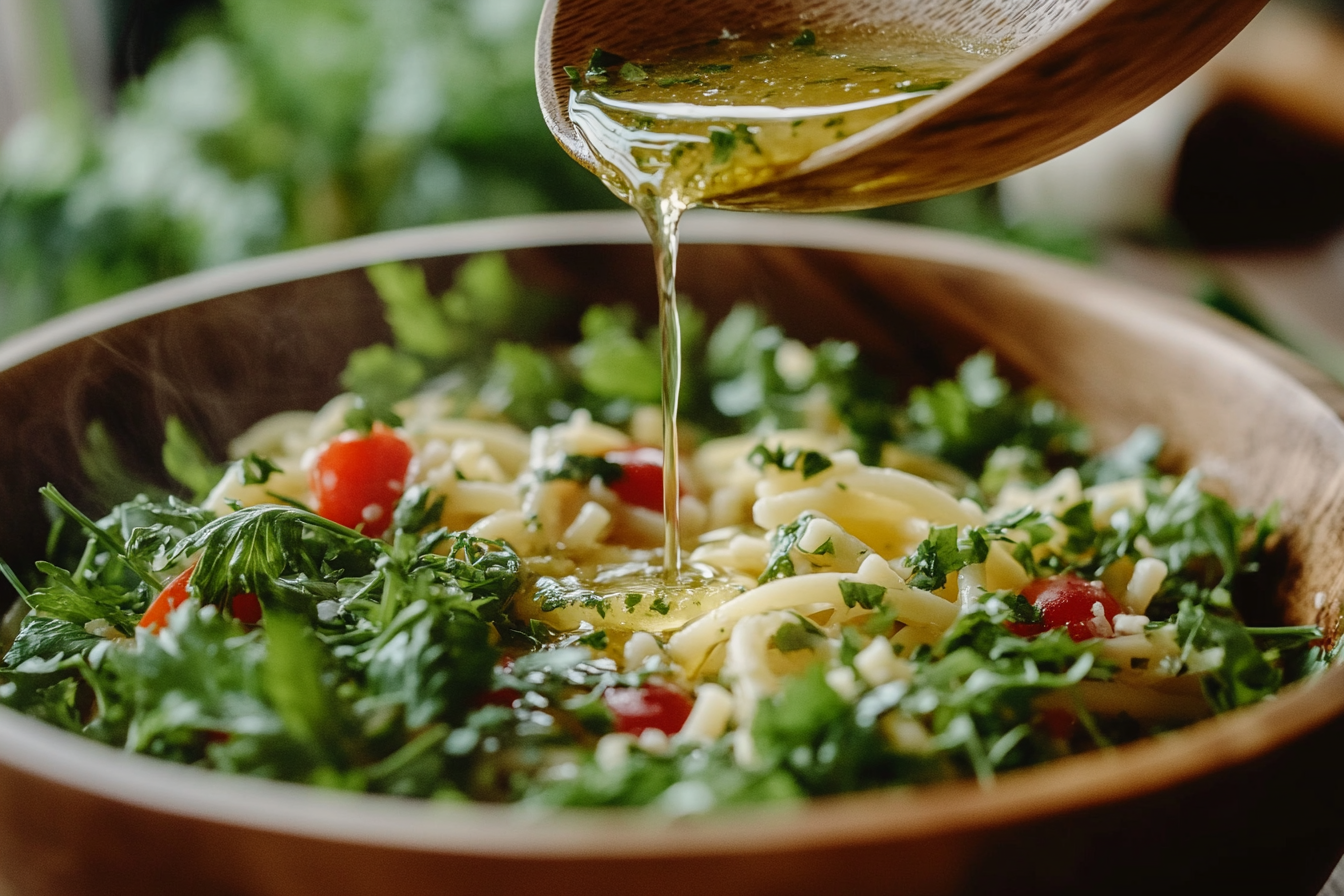 Pouring dressing over a pasta salad to ensure even coating.