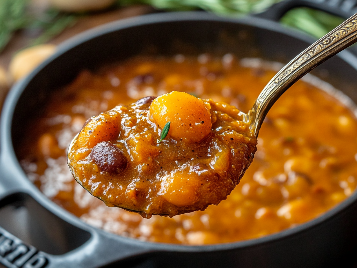  A spoonful of thickened calico beans showing the ideal consistency.