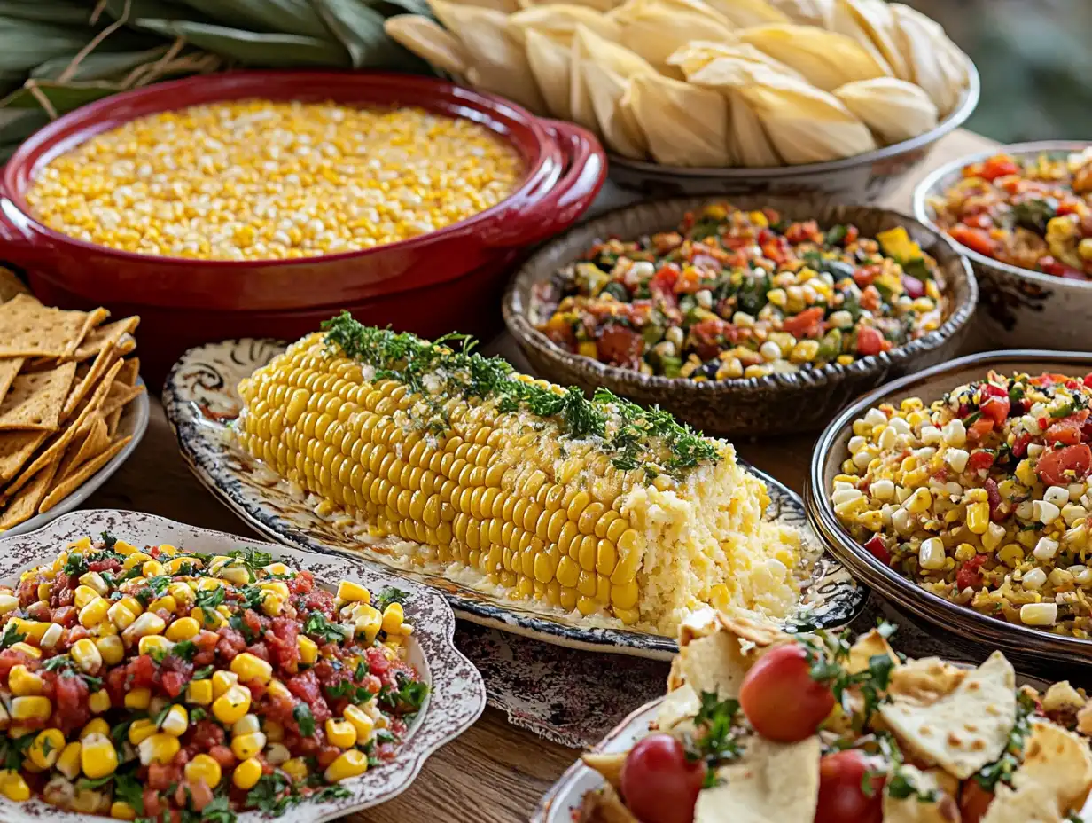 An array of global dishes made with corn, including elote, cornbread, polenta, and stir-fry.