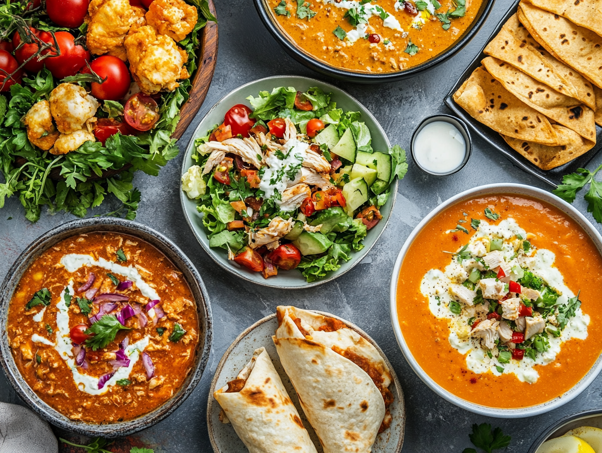 A variety of leftover rotisserie chicken recipes displayed on a table, including salad, soup, and enchiladas.