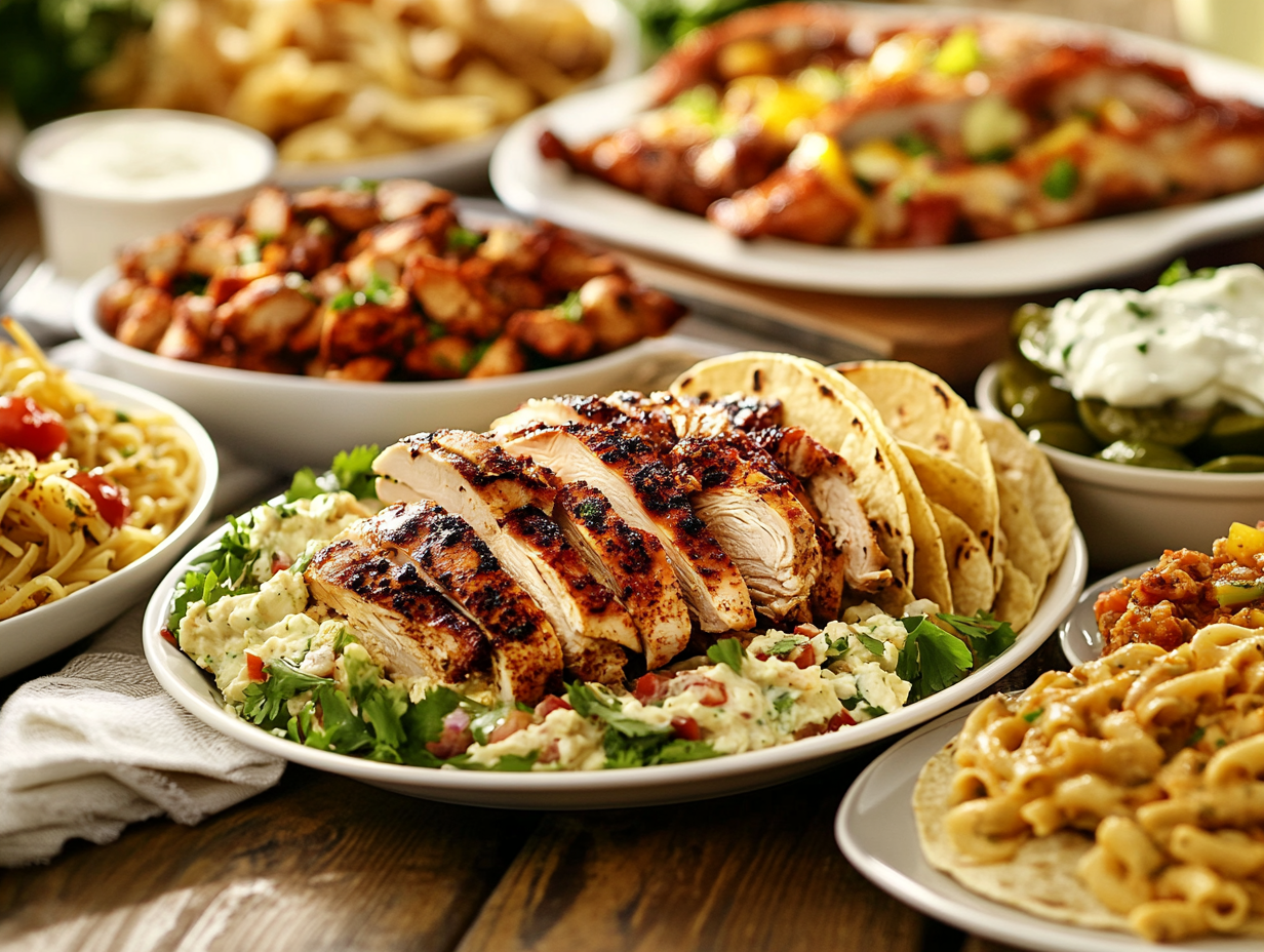 A variety of creative dishes made with rotisserie chicken, displayed on a table.
