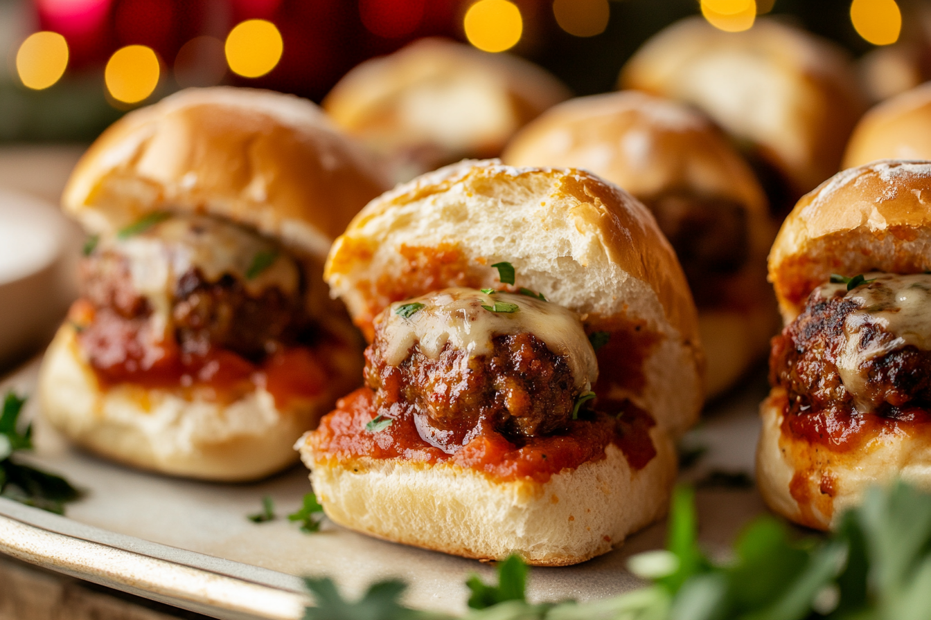 A close-up of warm, perfectly assembled meatball sliders on a festive party table.