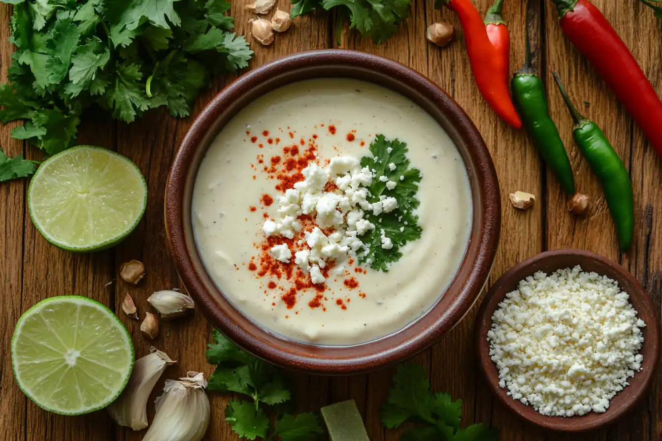 A bowl of creamy elote dressing surrounded by mayonnaise, lime, crumbled cotija cheese, chili powder, and fresh cilantro on a rustic wooden table.