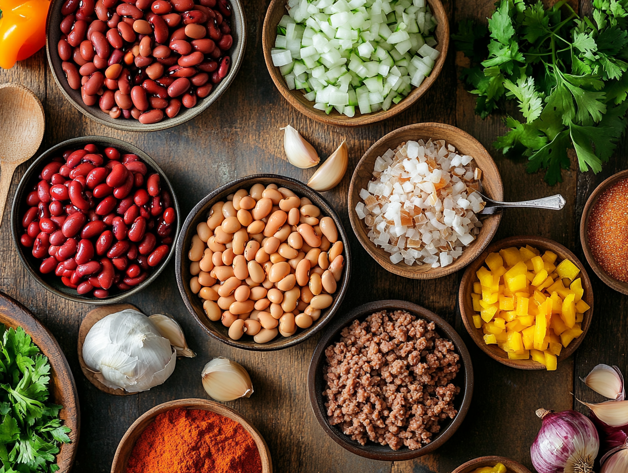 A colorful arrangement of ingredients for calico beans on a wooden counter.