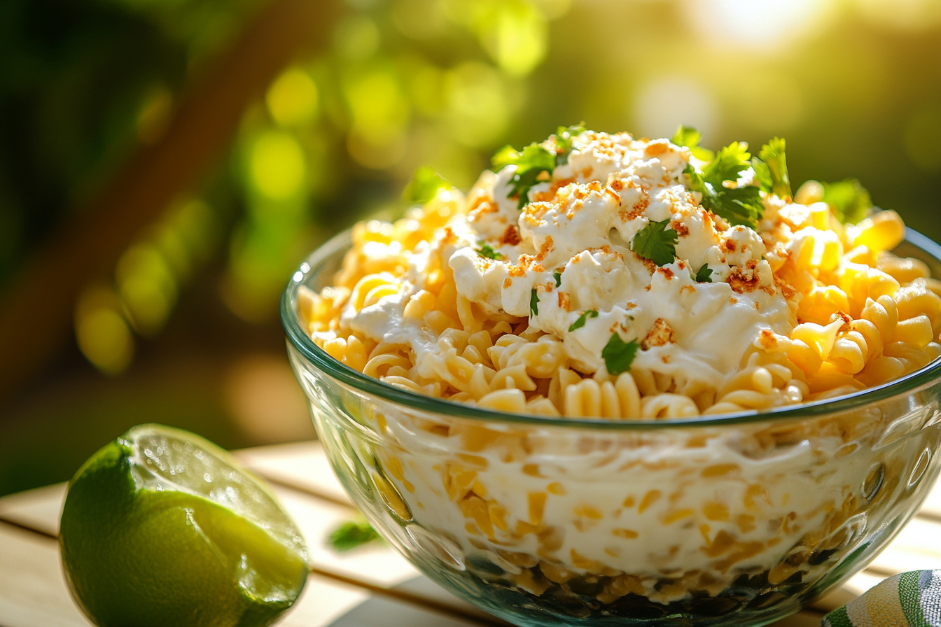 A bowl of elote pasta salad garnished with cheese and lime wedges.