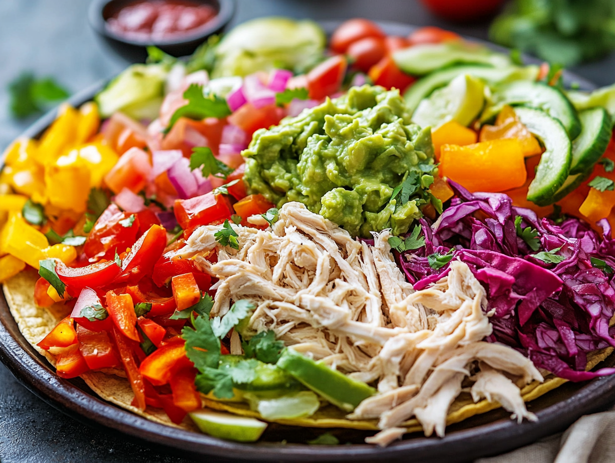 Tacos made with shredded rotisserie chicken and toppings.