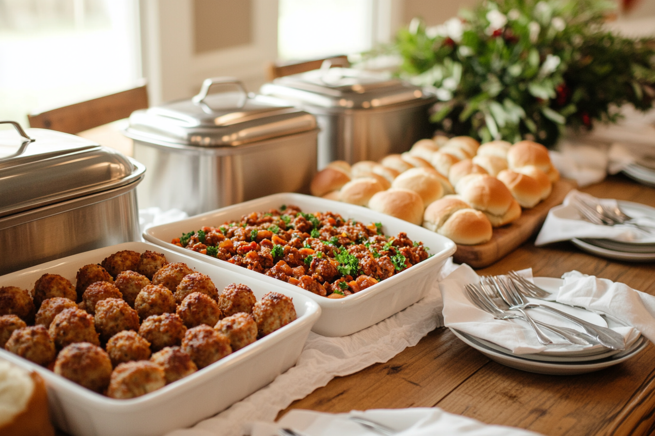 A warming station at a party with sliders kept warm using chafing dishes and slow cookers.