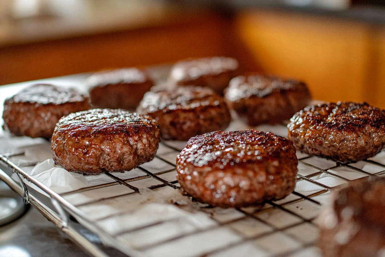 Cooked slider patties resting on a wire rack to drain excess juices.