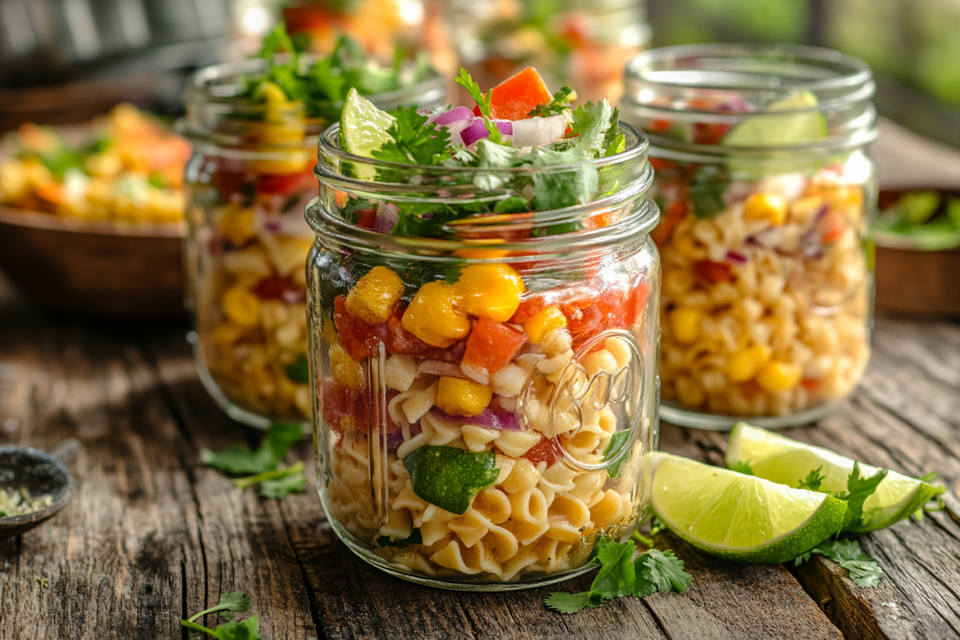 Individual mason jar servings of elote pasta salad with lime wedges.