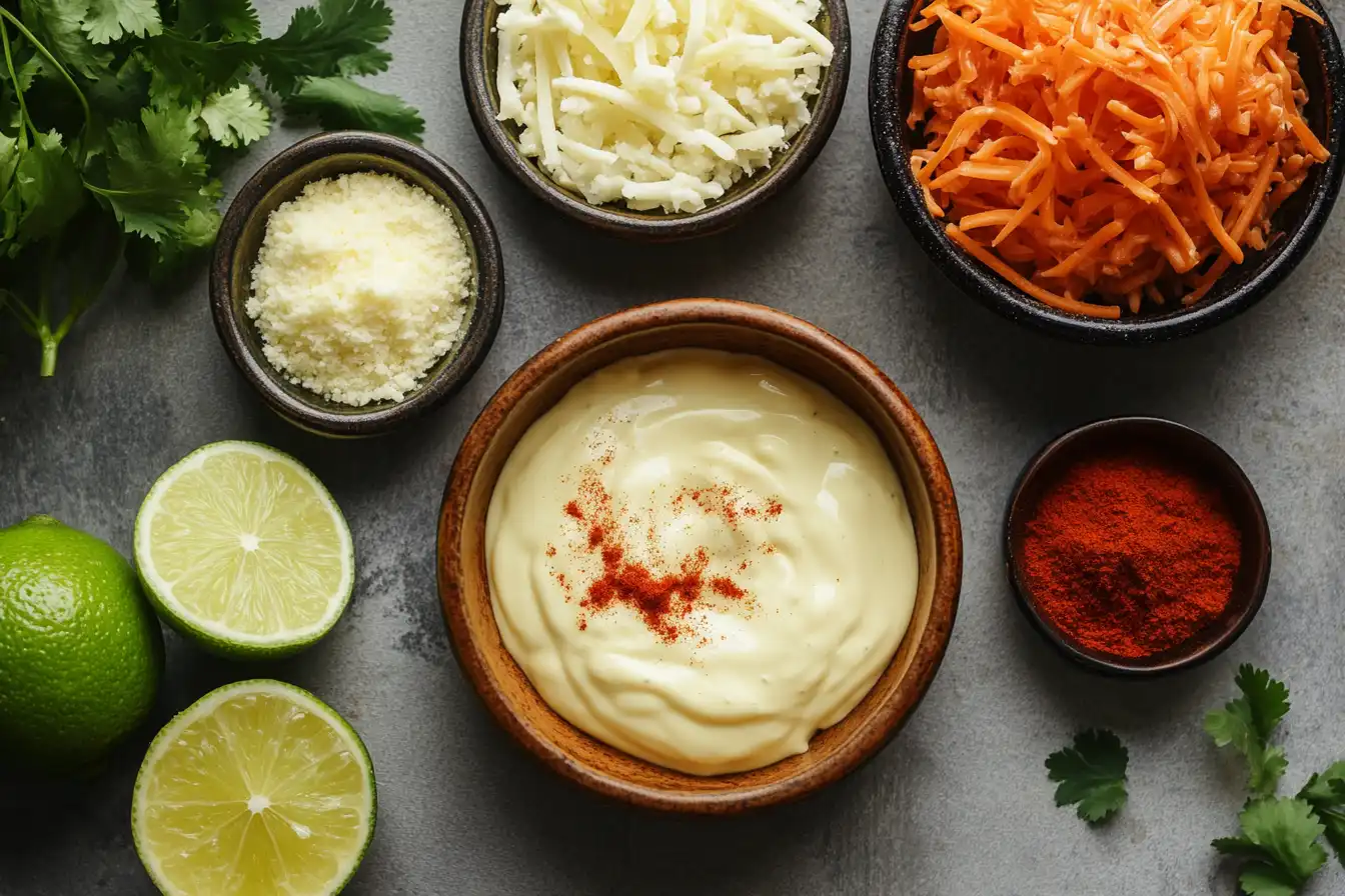 Ingredients for making elote dressing arranged on a kitchen counter. 