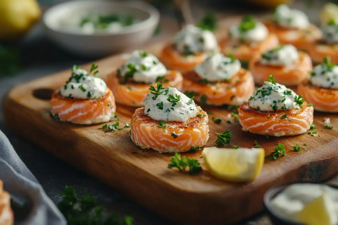 Mini salmon patties served as appetizers on a wooden board, garnished with tartar sauce and parsley.
