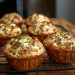 A batch of freshly baked savory breakfast muffins with cheese and herbs, placed on a wooden counter.