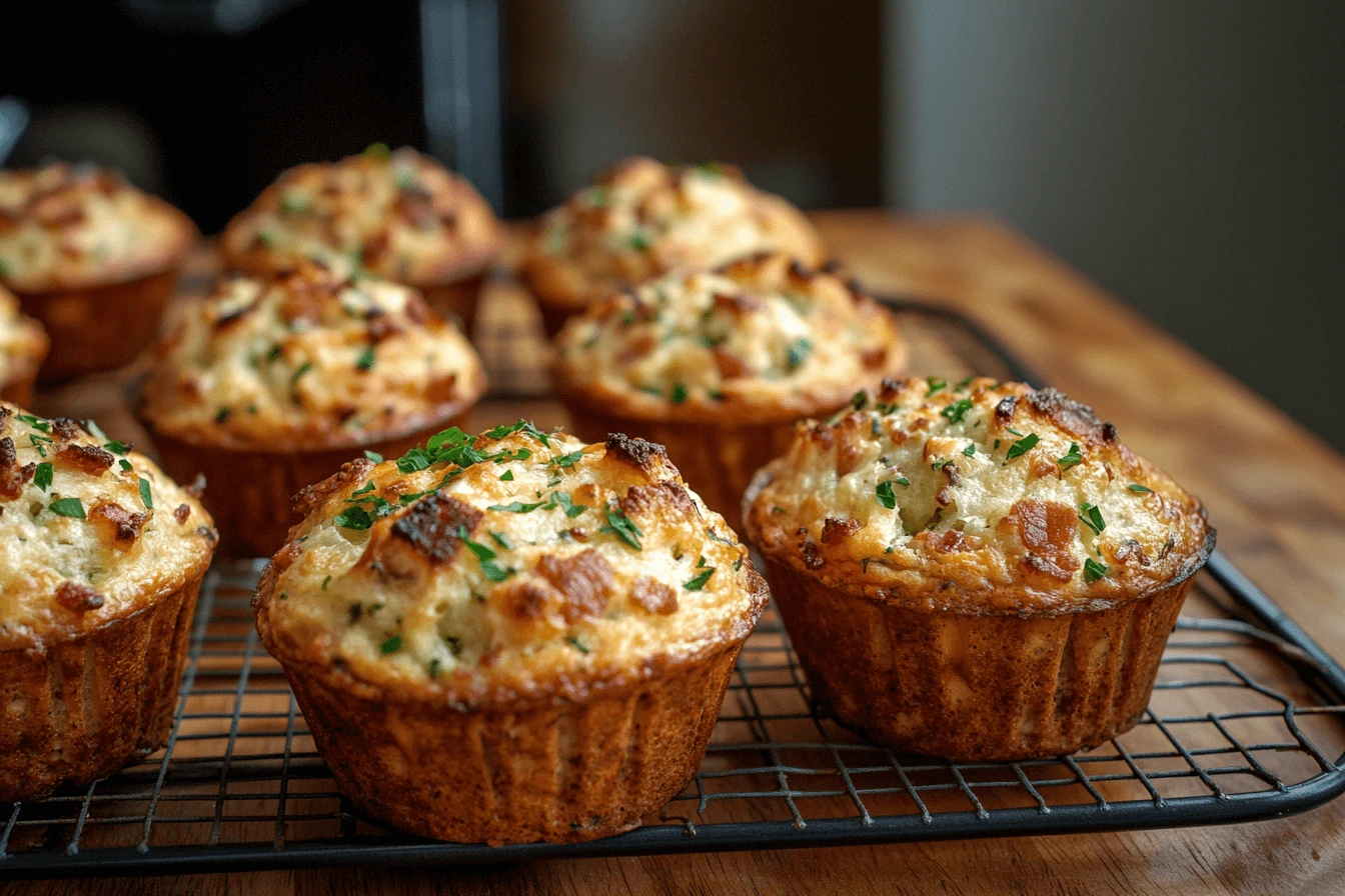 A batch of freshly baked savory breakfast muffins with cheese and herbs, placed on a wooden counter.