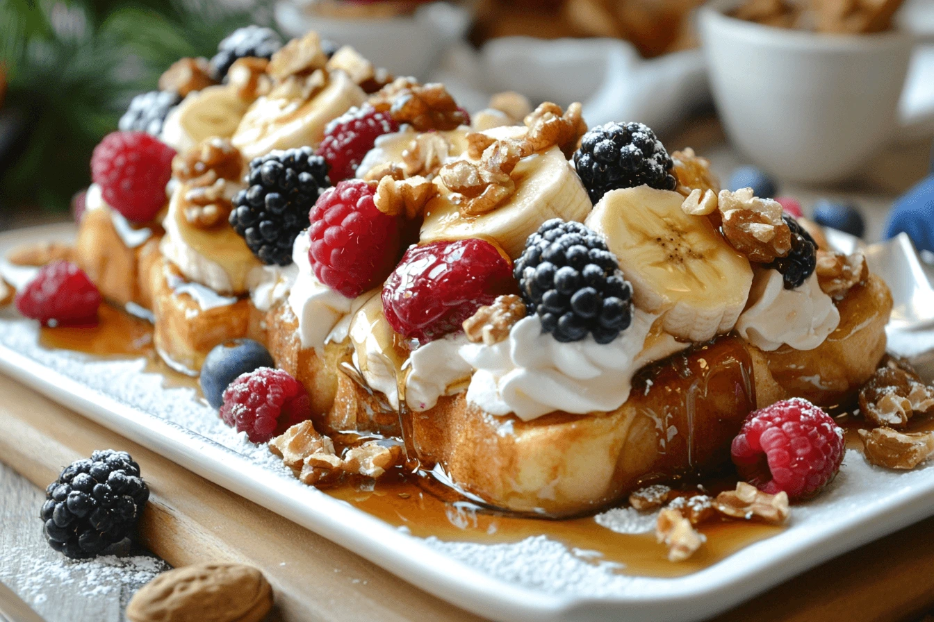 A platter of sourdough French toast with various toppings, including syrup, berries, and nuts.