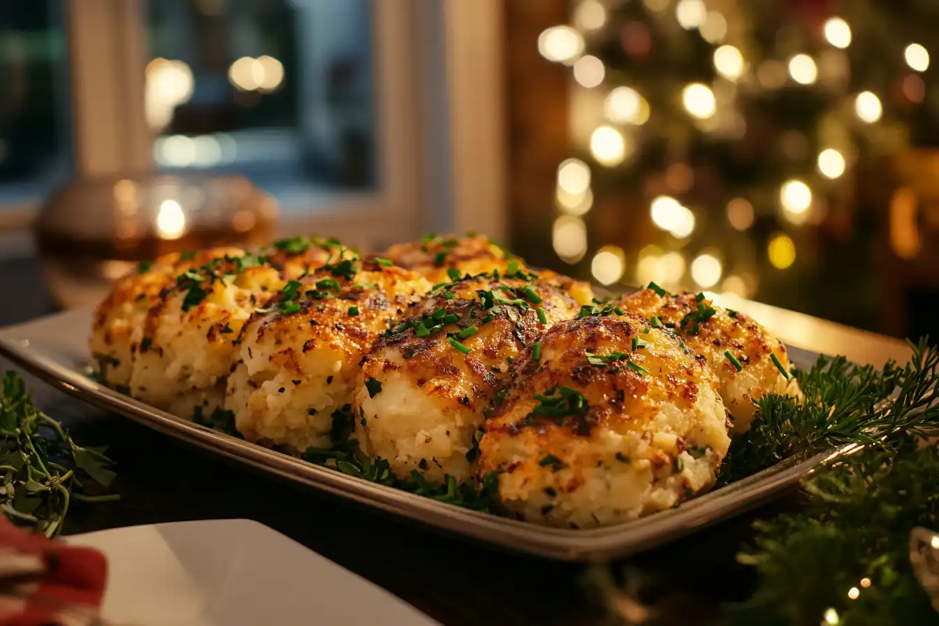 Golden twice baked mashed potatoes garnished with herbs on a serving platter.