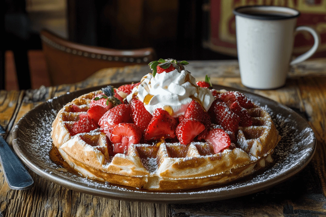 A beautifully plated Belgian waffle with golden, crispy edges, topped with fresh strawberries, maple syrup, and whipped cream, served on a rustic wooden table. A fork and knife are placed beside it, with a coffee cup in the background.