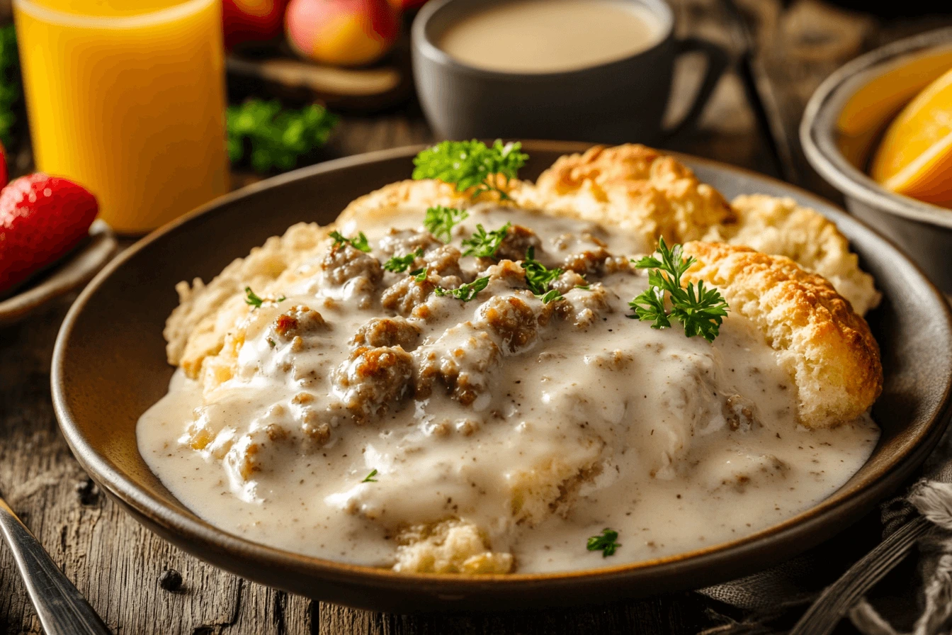 A plate of Southern-style sausage gravy and biscuits, served with coffee and orange juice on a rustic wooden table.