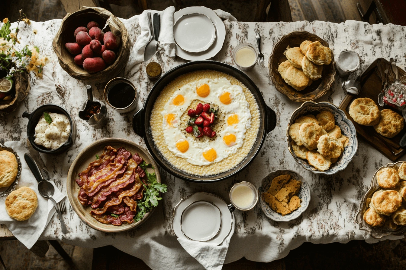 A breakfast table featuring eggs and grits with bacon, biscuits, and coffee.